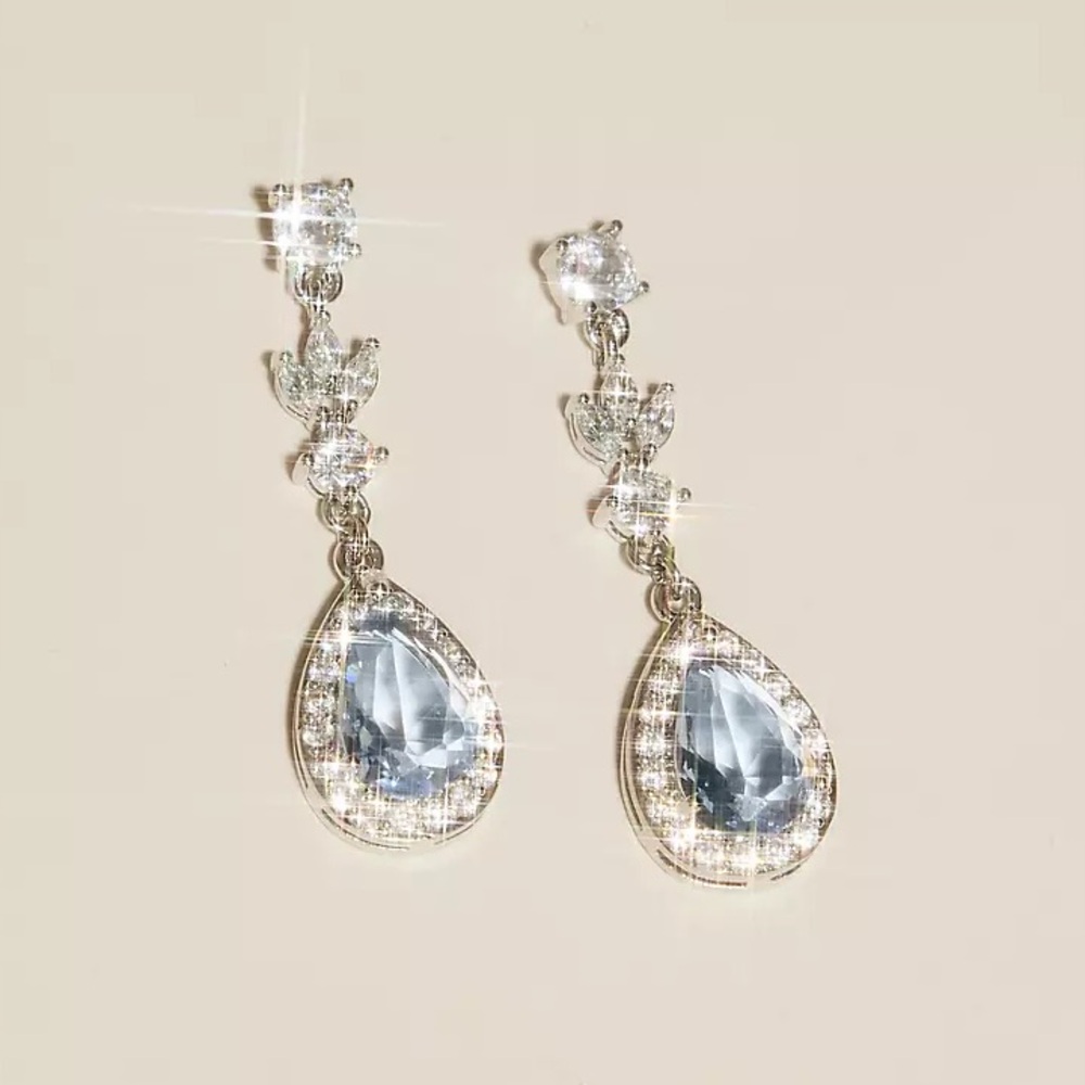 David’s Bridal Silver and Blue Pear Drop Earrings